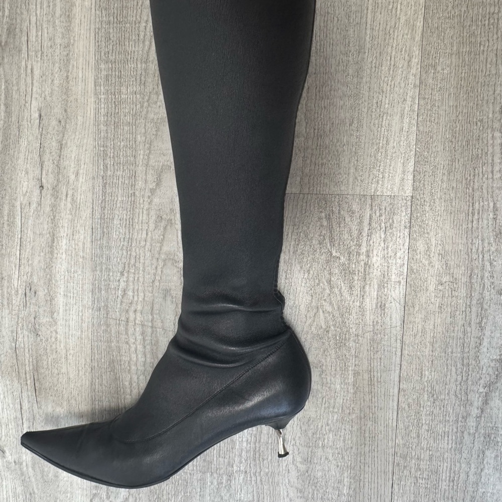 Sergio Rossi Black Stretch Leather Knee Boots 38.5 Pointed Toe Kitten Heel - Picture 5 of 9